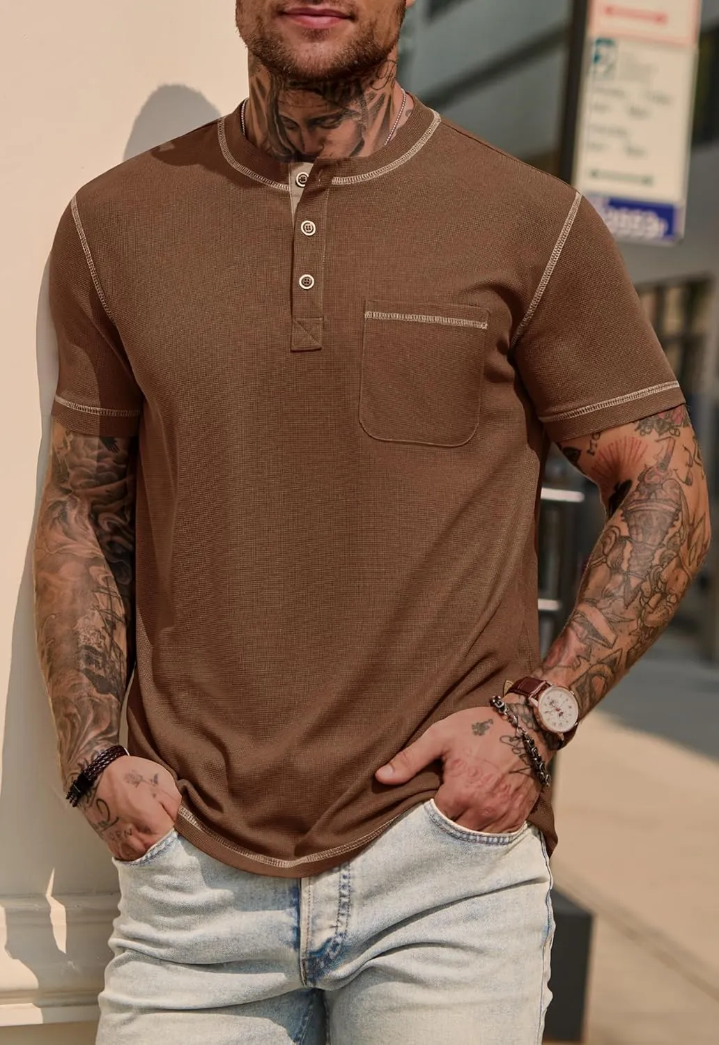 Mens Henley Shirts Casual Stretch Summer Lightweigh Waffle Short Sleeve T-Shirt with Pocket (S-XXL)