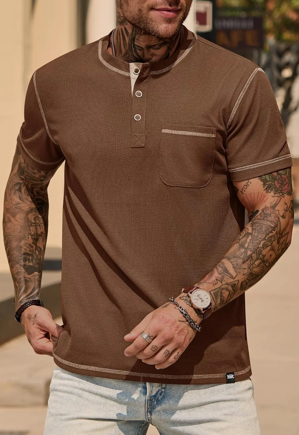 Mens Henley Shirts Casual Stretch Summer Lightweigh Waffle Short Sleeve T-Shirt with Pocket (S-XXL)