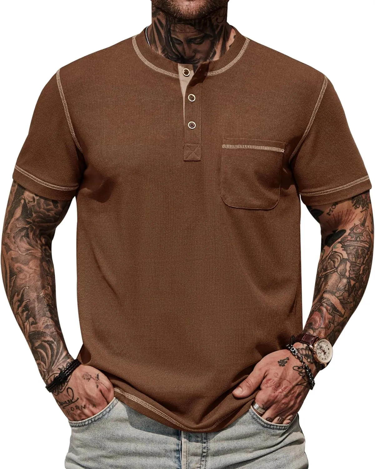 Mens Henley Shirts Casual Stretch Summer Lightweigh Waffle Short Sleeve T-Shirt with Pocket (S-XXL)