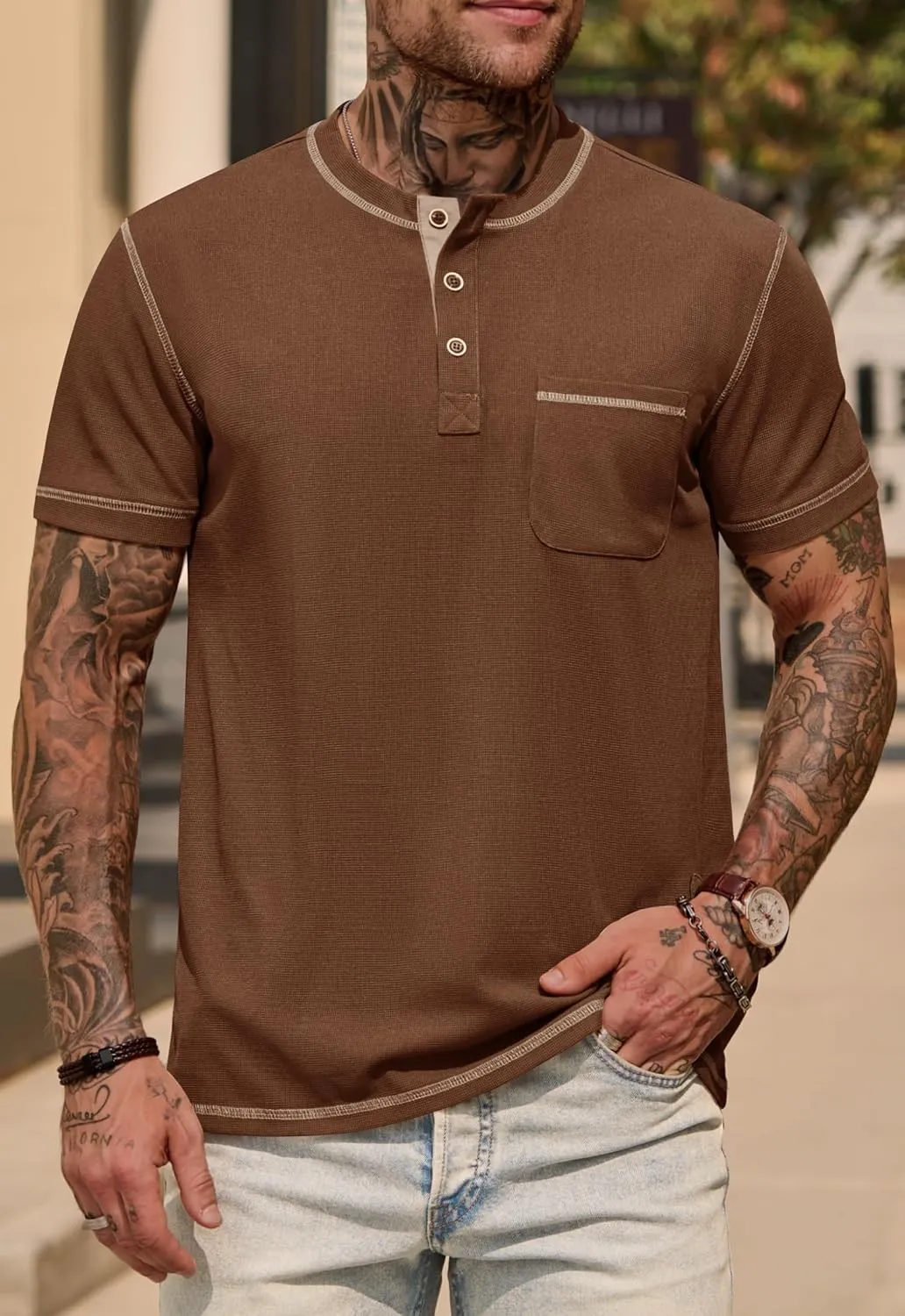 Mens Henley Shirts Casual Stretch Summer Lightweigh Waffle Short Sleeve T-Shirt with Pocket (S-XXL)