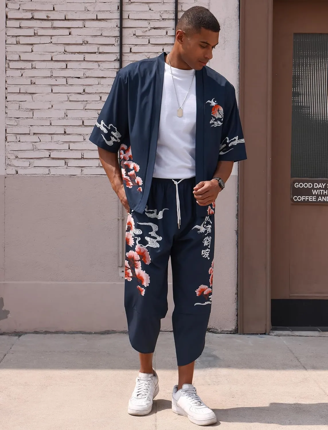 Men's Japanese Kimono Set Chinese Style Printed Open Front Cardigan and Pants Stylish Loose Casual Coat Suits