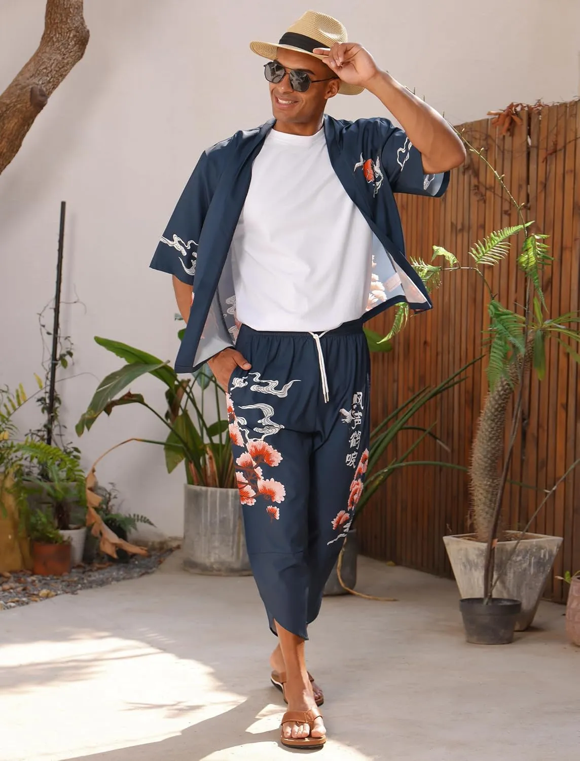 Men's Japanese Kimono Set Chinese Style Printed Open Front Cardigan and Pants Stylish Loose Casual Coat Suits