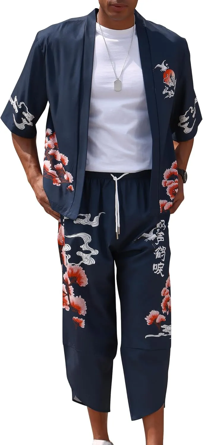 Men's Japanese Kimono Set Chinese Style Printed Open Front Cardigan and Pants Stylish Loose Casual Coat Suits