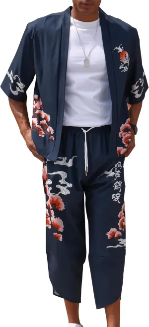 Men's Japanese Kimono Set Chinese Style Printed Open Front Cardigan and Pants Stylish Loose Casual Coat Suits