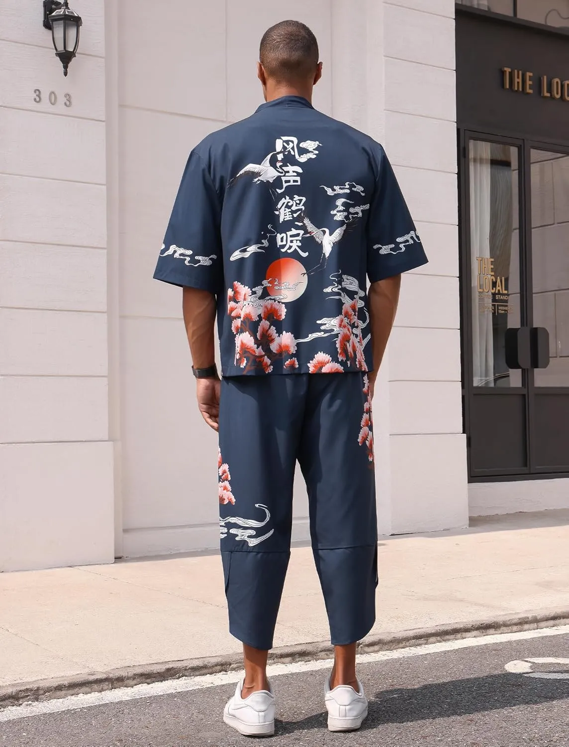 Men's Japanese Kimono Set Chinese Style Printed Open Front Cardigan and Pants Stylish Loose Casual Coat Suits