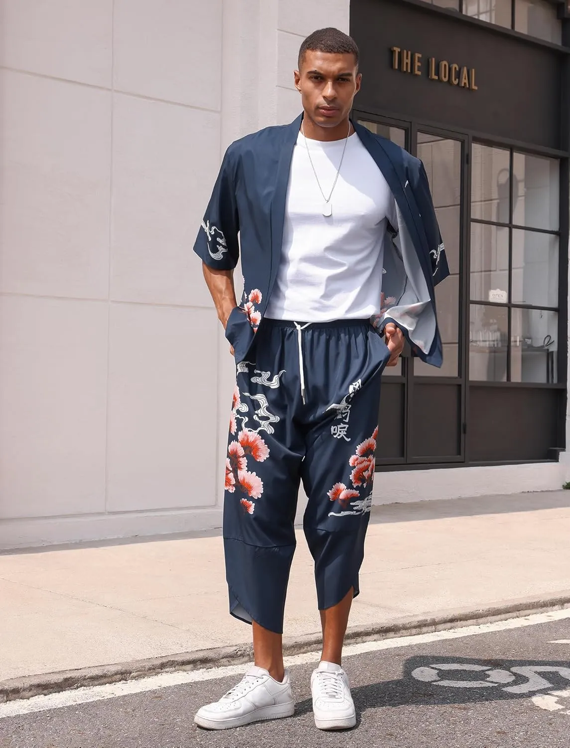 Men's Japanese Kimono Set Chinese Style Printed Open Front Cardigan and Pants Stylish Loose Casual Coat Suits