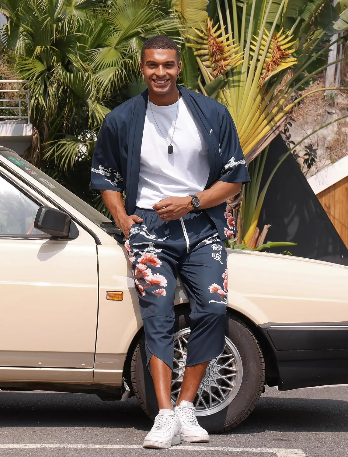 Men's Japanese Kimono Set Chinese Style Printed Open Front Cardigan and Pants Stylish Loose Casual Coat Suits