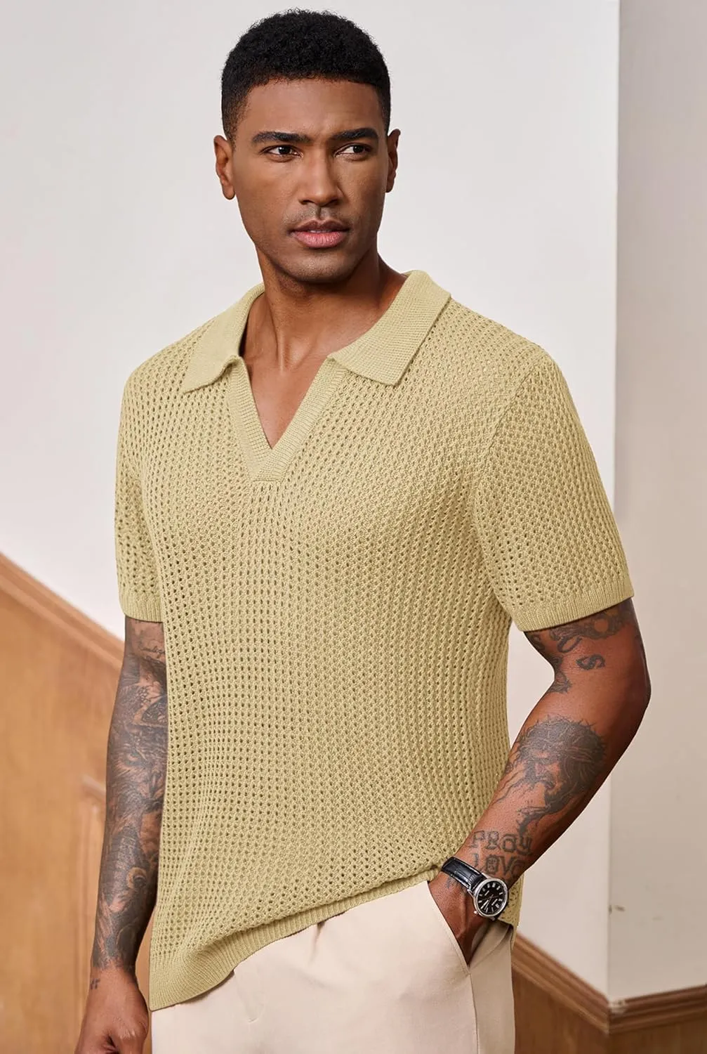 Mens Johnny Collar Polo Shirts Crochet Hollow Out Summer Casual Shirt (S-XXL)