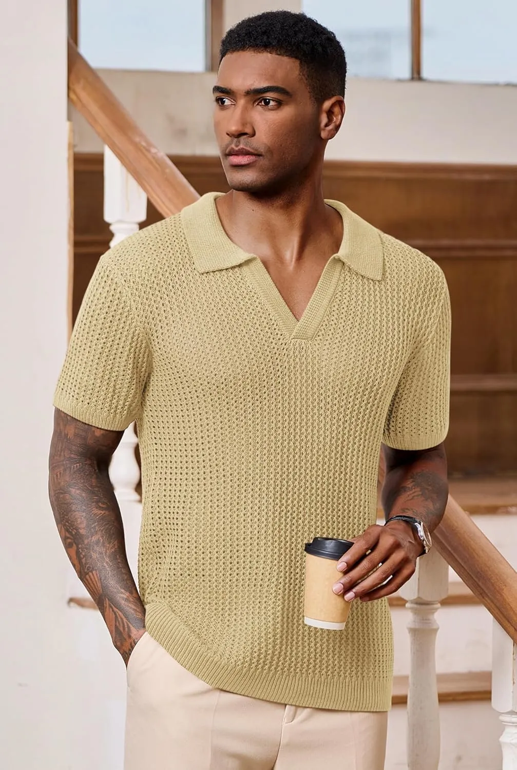 Mens Johnny Collar Polo Shirts Crochet Hollow Out Summer Casual Shirt (S-XXL)