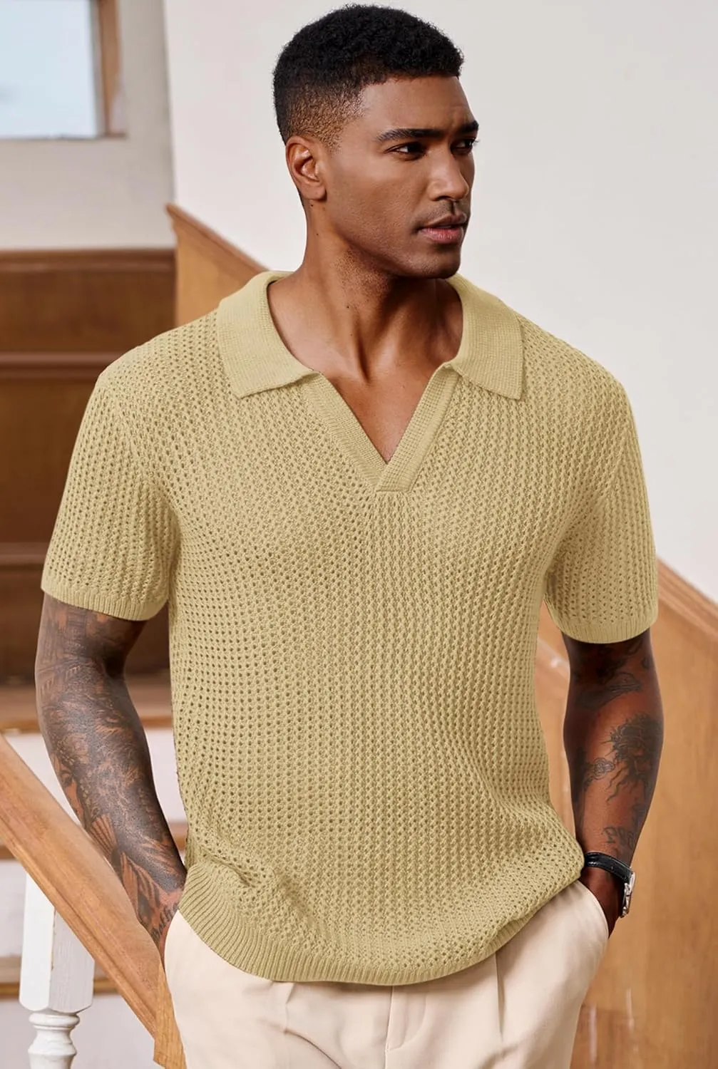 Mens Johnny Collar Polo Shirts Crochet Hollow Out Summer Casual Shirt (S-XXL)