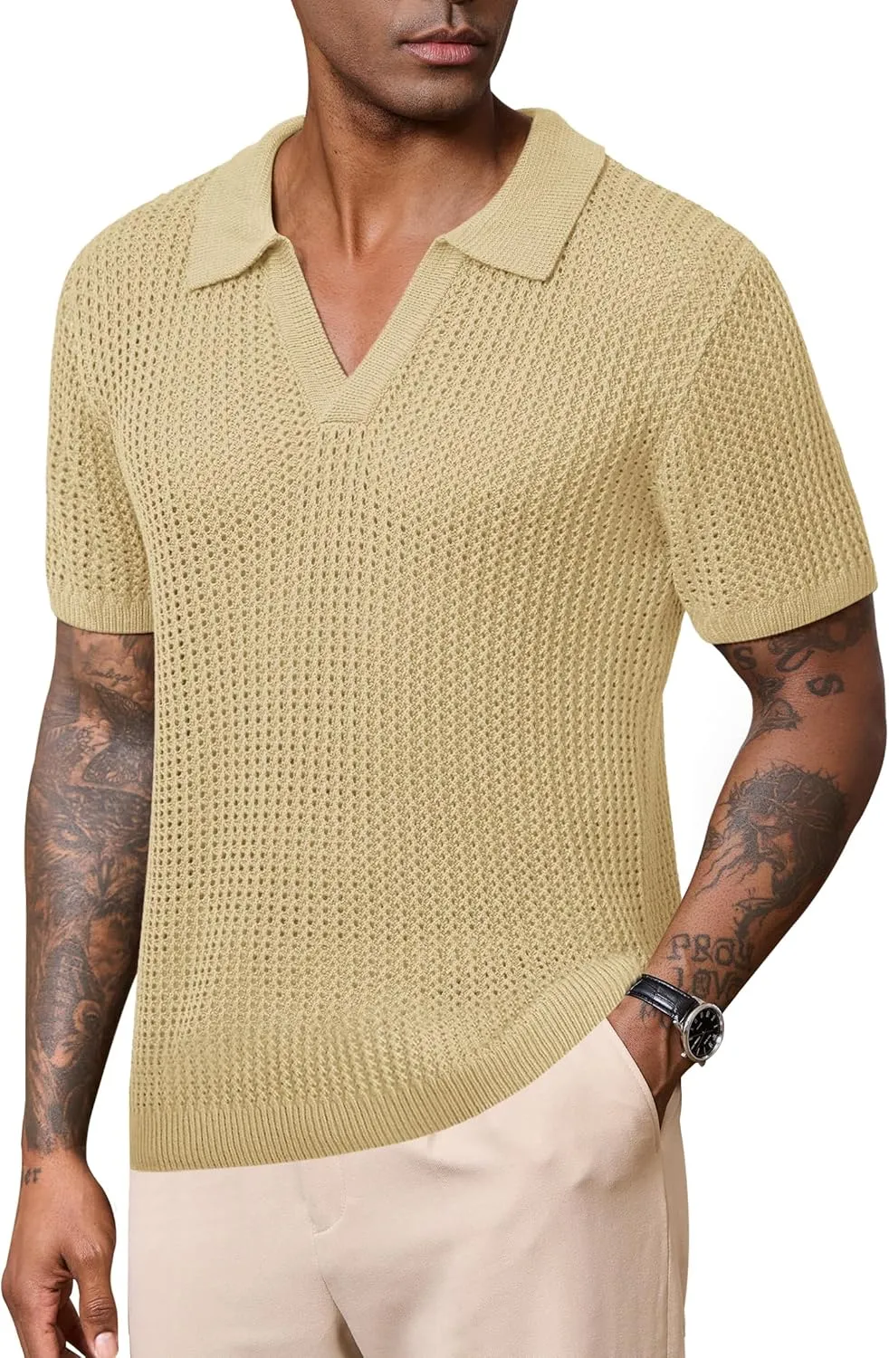 Mens Johnny Collar Polo Shirts Crochet Hollow Out Summer Casual Shirt (S-XXL)