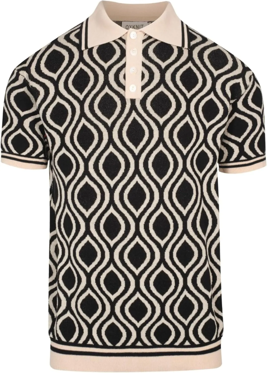 Men's Knitted Polo Shirts, 1960s Retro Pattern Cotton Short Sleeve with Quarter Button, Black Beige