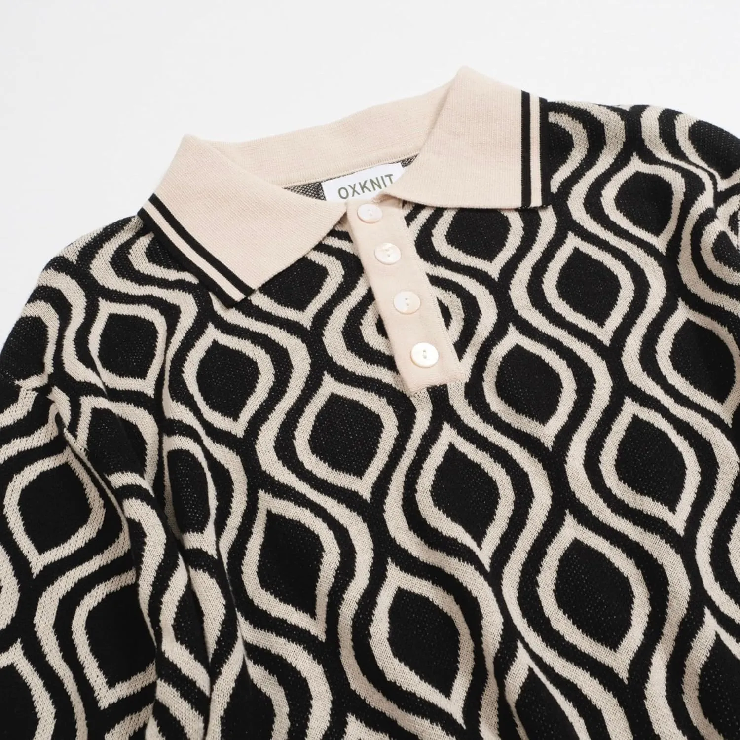 Men's Knitted Polo Shirts, 1960s Retro Pattern Cotton Short Sleeve with Quarter Button, Black Beige