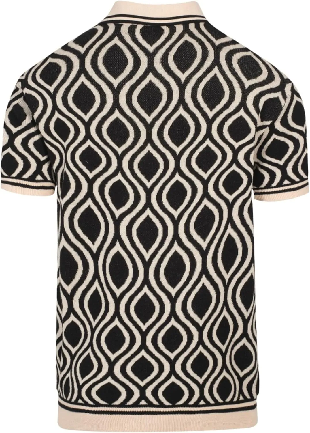 Men's Knitted Polo Shirts, 1960s Retro Pattern Cotton Short Sleeve with Quarter Button, Black Beige