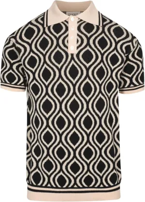 Men's Knitted Polo Shirts, 1960s Retro Pattern Cotton Short Sleeve with Quarter Button, Black Beige