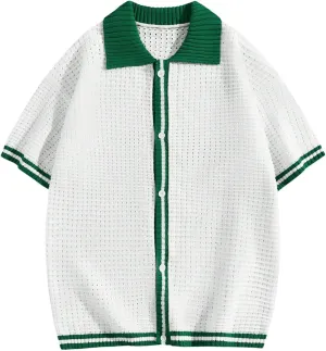 Men's Knitted Shirt Summer Vintage Striped Short Sleeve Casual Button Down Shirts Sweater