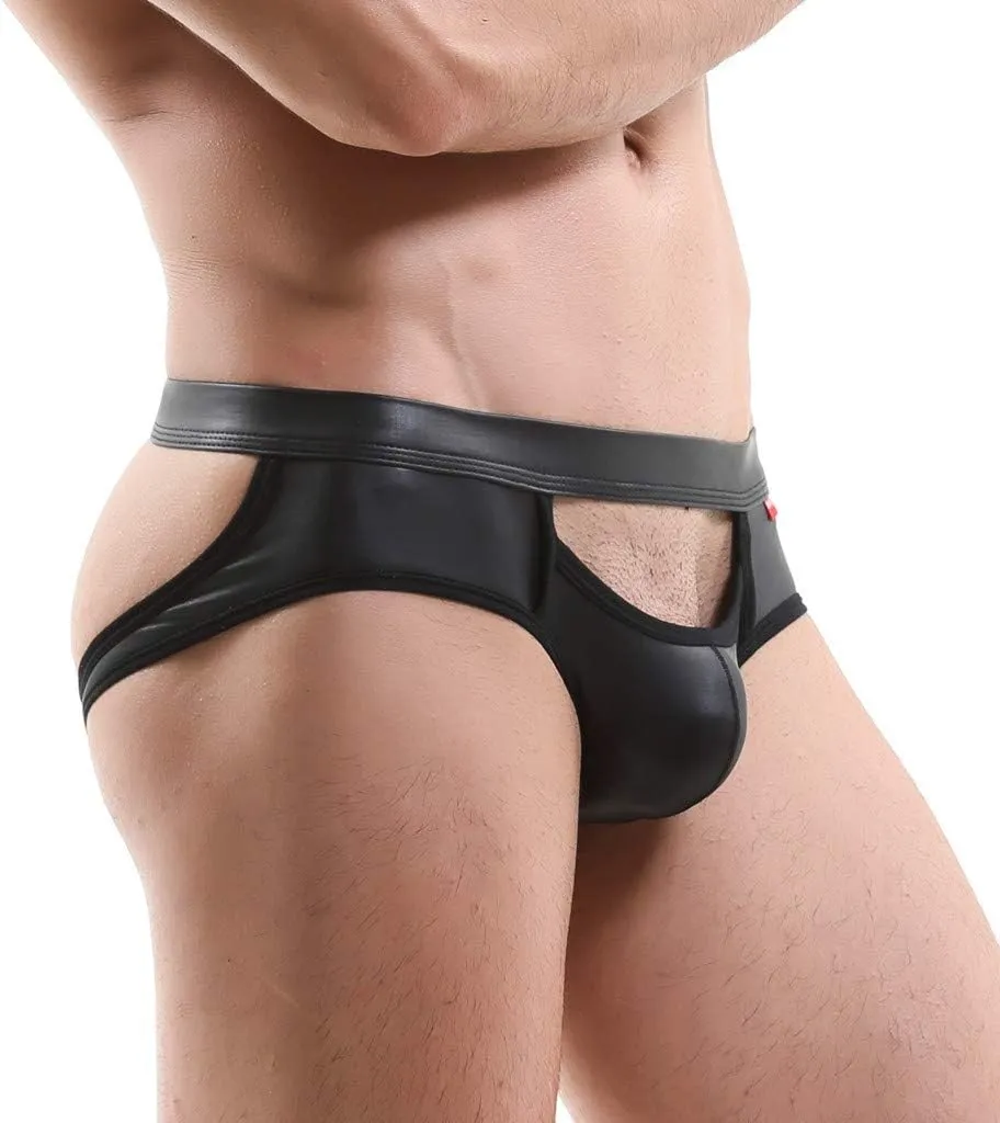 Men's Leather Thong Underwear Low Rise Briefs Underpants Hollow Out Breathable Clubwear Athletic Erotic Lingerie