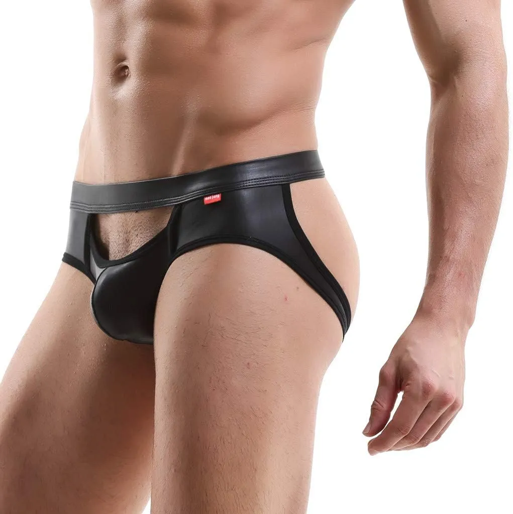 Men's Leather Thong Underwear Low Rise Briefs Underpants Hollow Out Breathable Clubwear Athletic Erotic Lingerie
