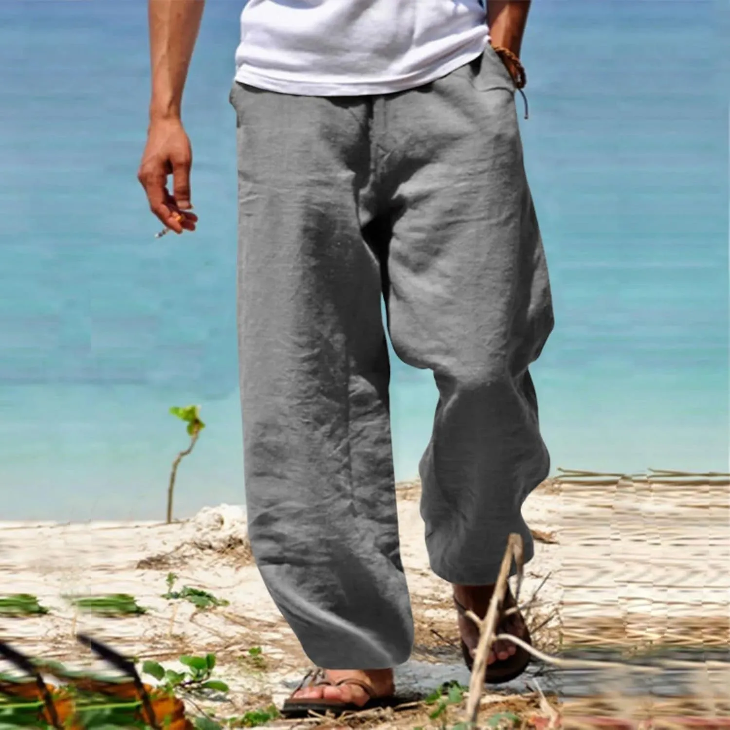 Men's Linen Pants Summer Beach Pant Casual Solid Drawstring Yoga Pants Trousers