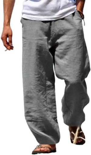 Men's Linen Pants Summer Beach Pant Casual Solid Drawstring Yoga Pants Trousers