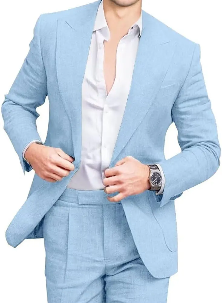 Mens Linen Suits 2 Piece Beach Wedding Blazer Summer Grooms Classic Lightweight Breathable Jacket Pants