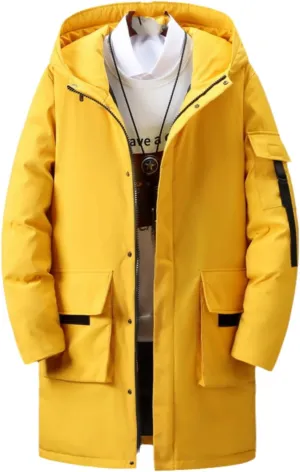 Men's Long Down Jacket with Hood Thickened Warm Cotton-Padded Winter Coat with Pockets Loose Version