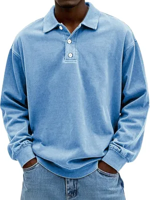 Men's Long Sleeve Polo Shirts Washed Distressed Cotton Polos T-Shirt Lightweight Casual Button Collared Shirt