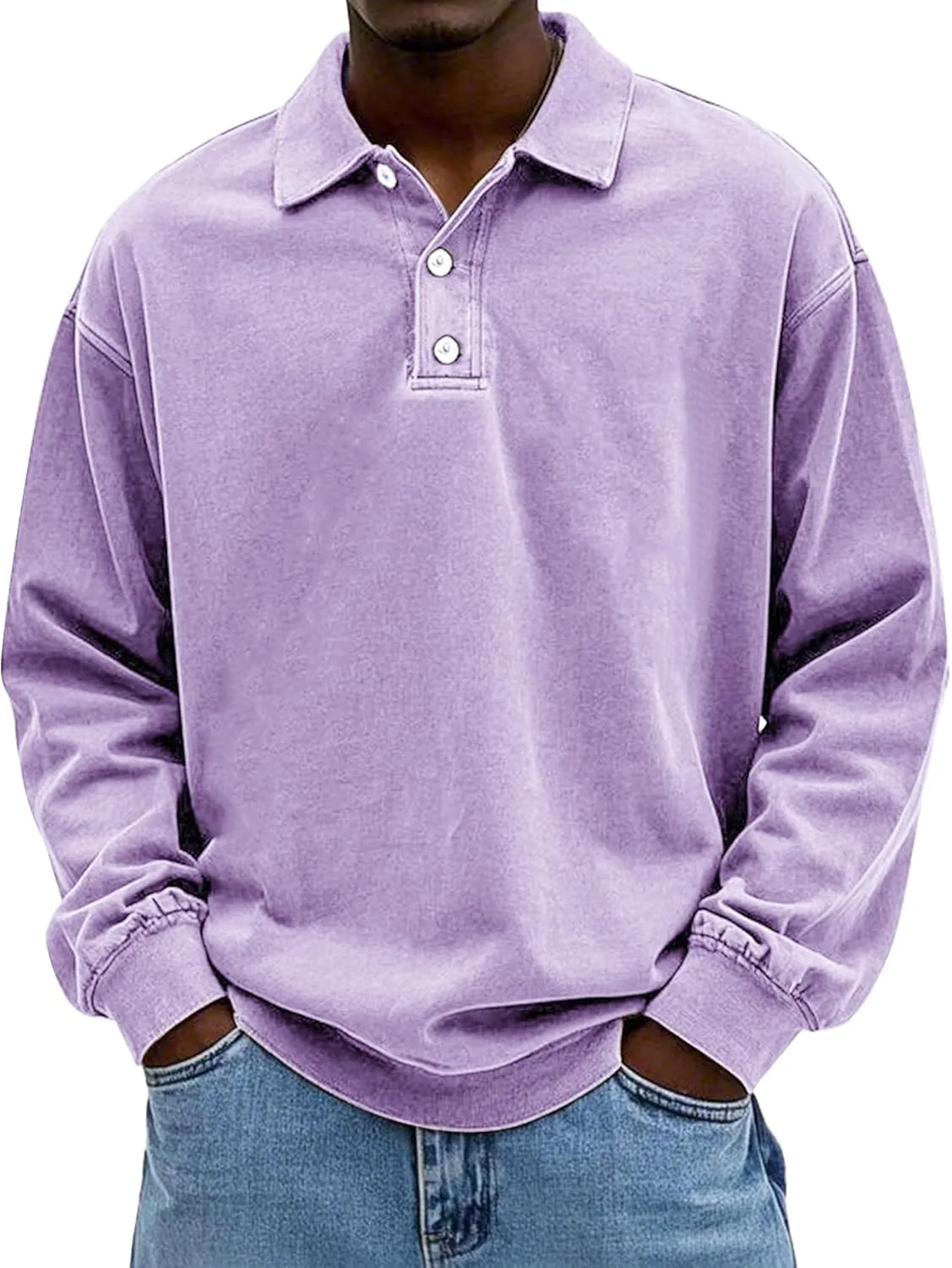 Men's Long Sleeve Polo Shirts Washed Distressed Cotton Polos T-Shirt Lightweight Casual Button Collared Shirt
