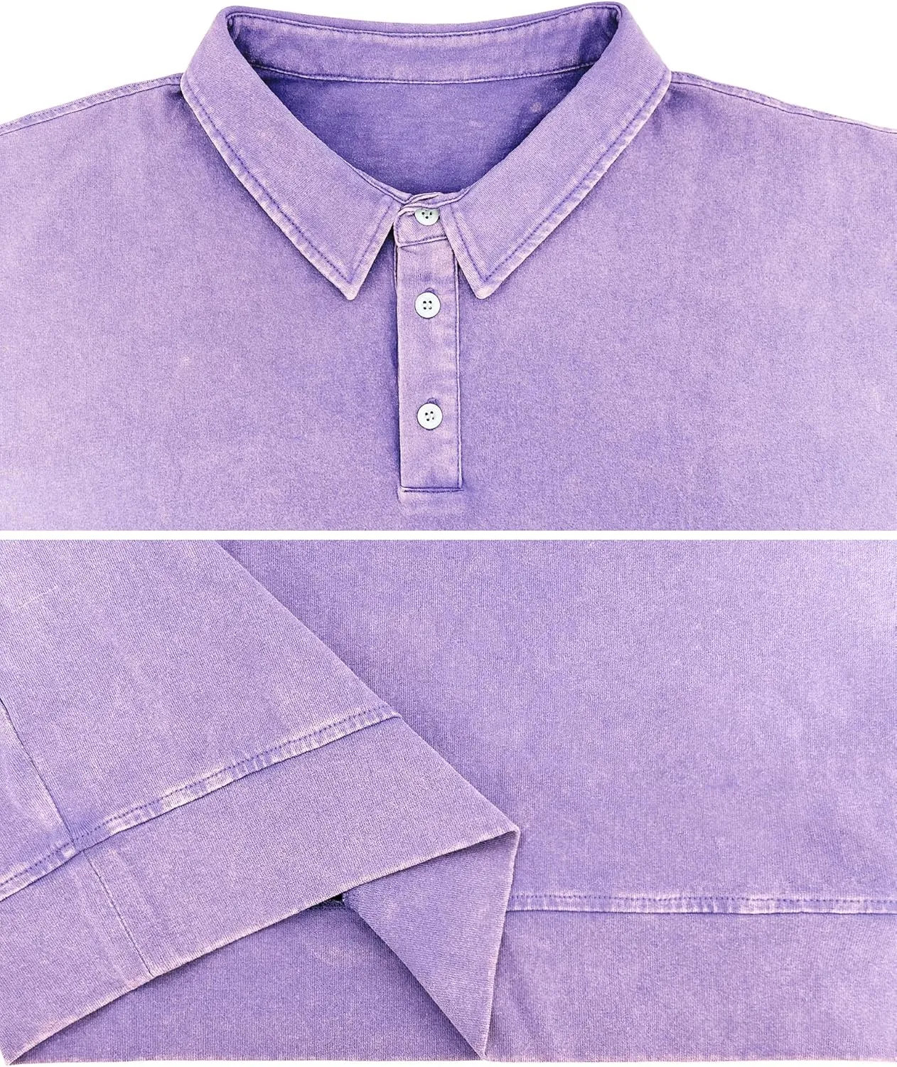 Men's Long Sleeve Polo Shirts Washed Distressed Cotton Polos T-Shirt Lightweight Casual Button Collared Shirt