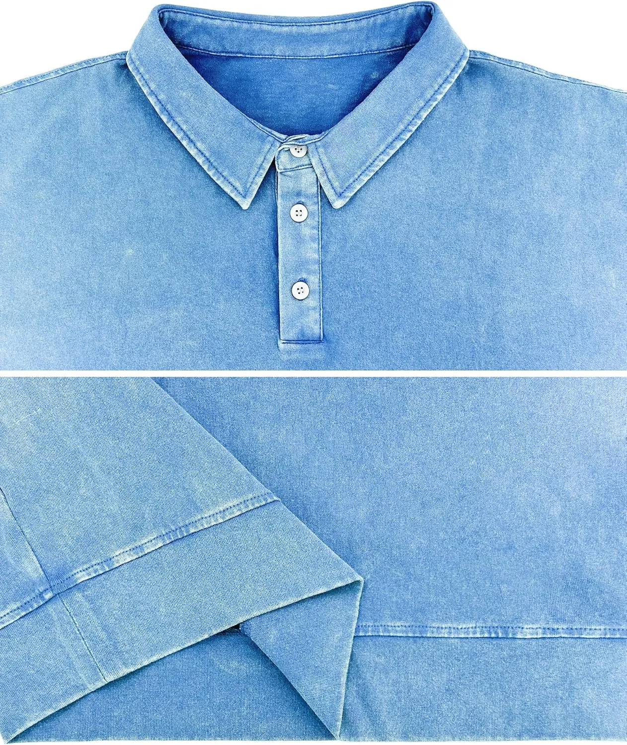 Men's Long Sleeve Polo Shirts Washed Distressed Cotton Polos T-Shirt Lightweight Casual Button Collared Shirt