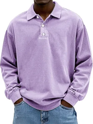 Men's Long Sleeve Polo Shirts Washed Distressed Cotton Polos T-Shirt Lightweight Casual Button Collared Shirt