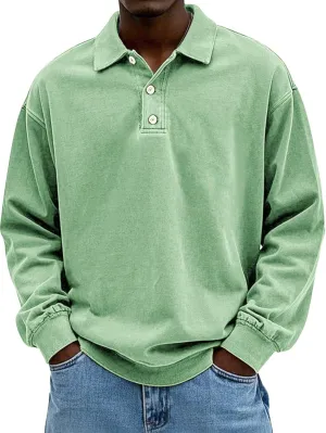 Men's Long Sleeve Polo Shirts Washed Distressed Cotton Polos T-Shirt Lightweight Casual Button Collared Shirt