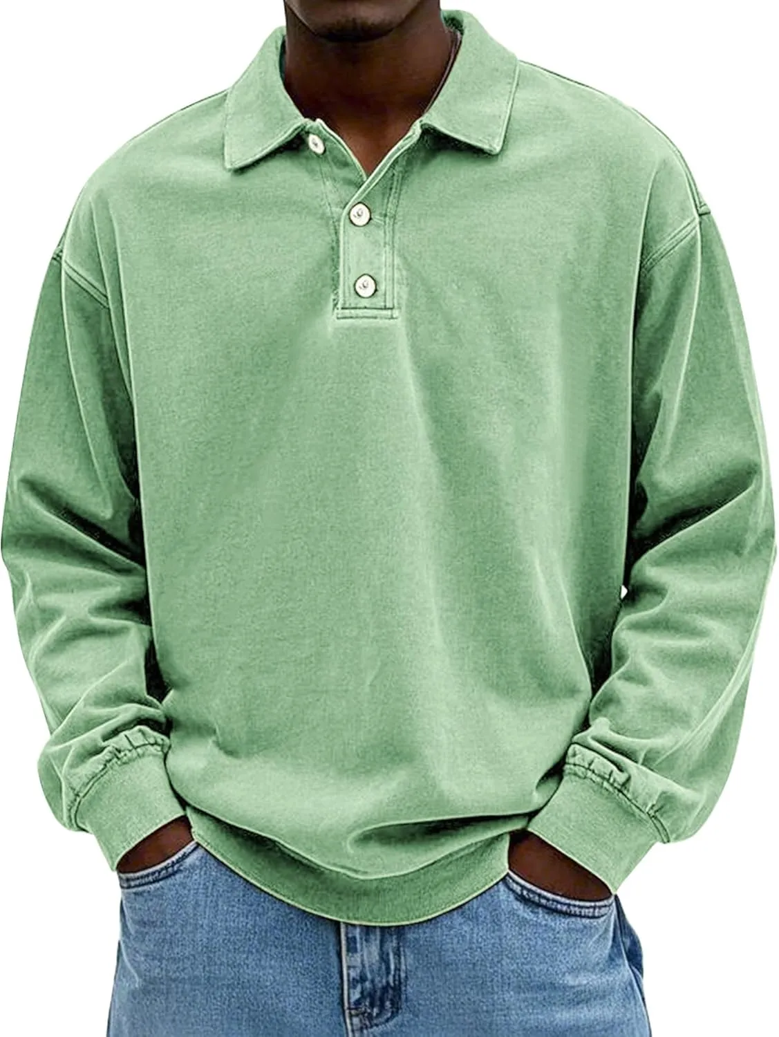 Men's Long Sleeve Polo Shirts Washed Distressed Cotton Polos T-Shirt Lightweight Casual Button Collared Shirt
