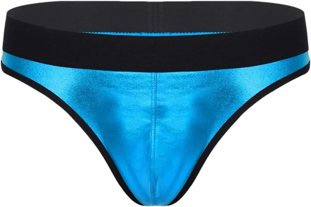 Men's Low-Waist Sexy Micro-Elastic Briefs Imitation Leather Breathable Thong Underwear Blue L