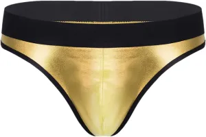 Men's Low-Waist Sexy Micro-Elastic Briefs Imitation Leather Breathable Thong Underwear Gold L