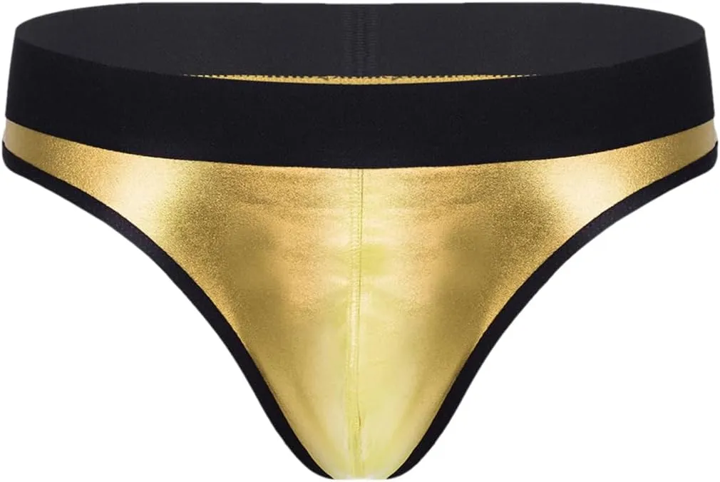 Men's Low-Waist Sexy Micro-Elastic Briefs Imitation Leather Breathable Thong Underwear Gold L