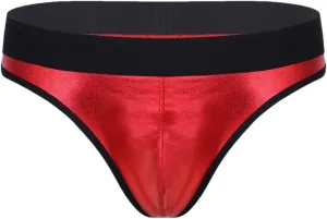 Men's Low-Waist Sexy Micro-Elastic Briefs Imitation Leather Breathable Thong Underwear Red L