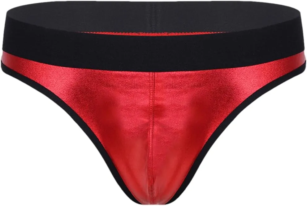 Men's Low-Waist Sexy Micro-Elastic Briefs Imitation Leather Breathable Thong Underwear Red L