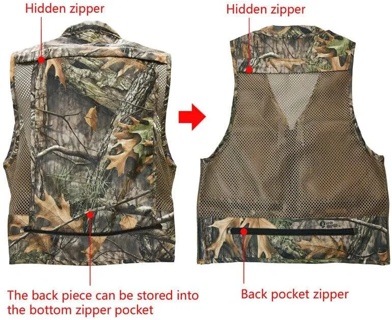 Men's Outdoor Fishing Vest Tactical Camo Mesh Vest with Multi-Pockets for Fishing Hunting Hiking Climbing