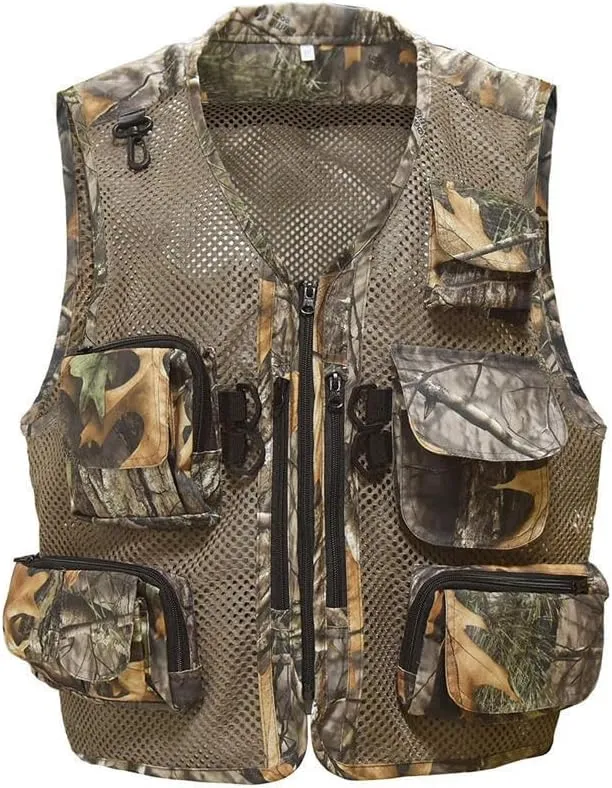 Men's Outdoor Fishing Vest Tactical Camo Mesh Vest with Multi-Pockets for Fishing Hunting Hiking Climbing