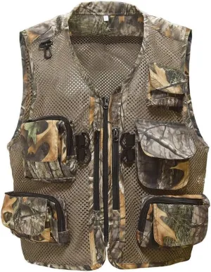 Men's Outdoor Fishing Vest Tactical Camo Mesh Vest with Multi-Pockets for Fishing Hunting Hiking Climbing