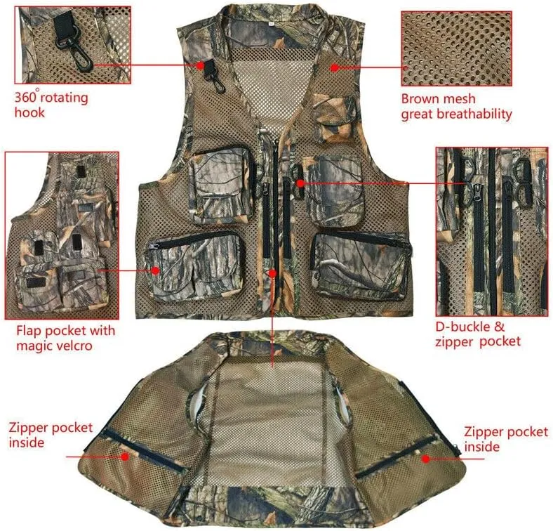 Men's Outdoor Fishing Vest Tactical Camo Mesh Vest with Multi-Pockets for Fishing Hunting Hiking Climbing