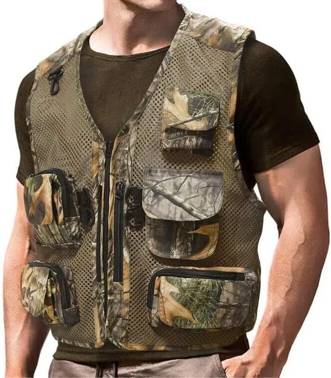 Men's Outdoor Fishing Vest Tactical Camo Mesh Vest with Multi-Pockets for Fishing Hunting Hiking Climbing