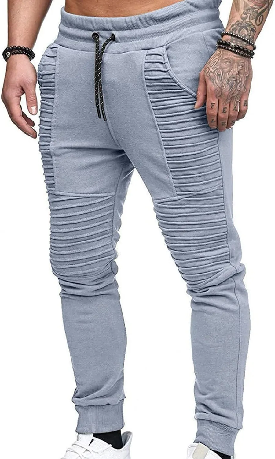 Men's Pleated Sweatpants Mid Waist Drawstring Slim Fit Tapered Trousers Gym Workout Running Sport Pants with Pocket