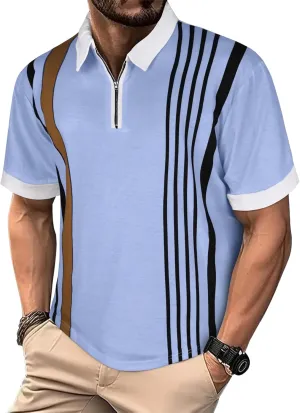 Mens Polo Shirts Short Sleeve Zipper T Shirt Casual Slim Fit Golf Tops