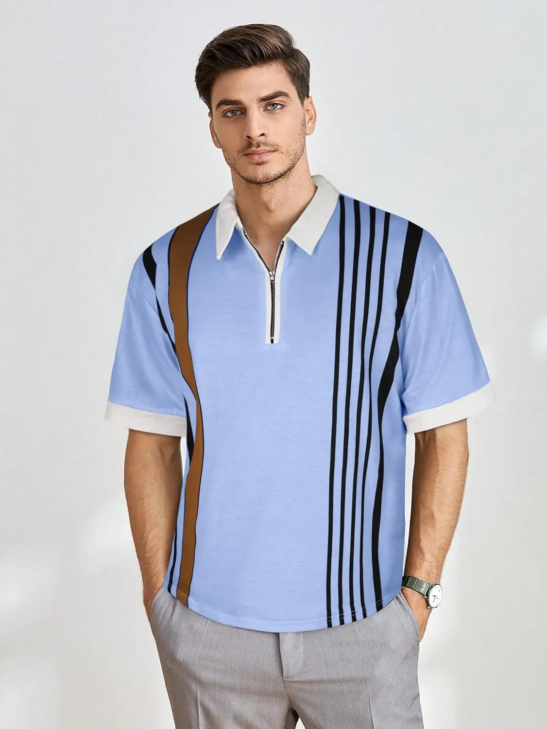 Mens Polo Shirts Short Sleeve Zipper T Shirt Casual Slim Fit Golf Tops