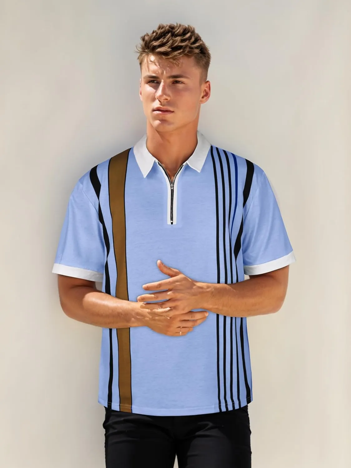 Mens Polo Shirts Short Sleeve Zipper T Shirt Casual Slim Fit Golf Tops