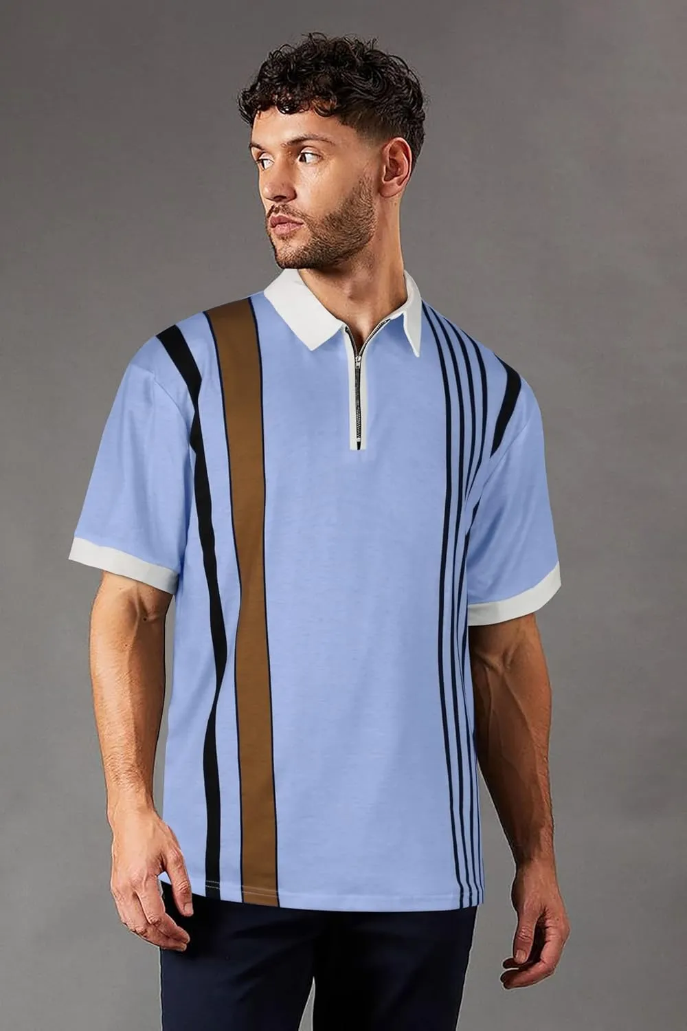Mens Polo Shirts Short Sleeve Zipper T Shirt Casual Slim Fit Golf Tops