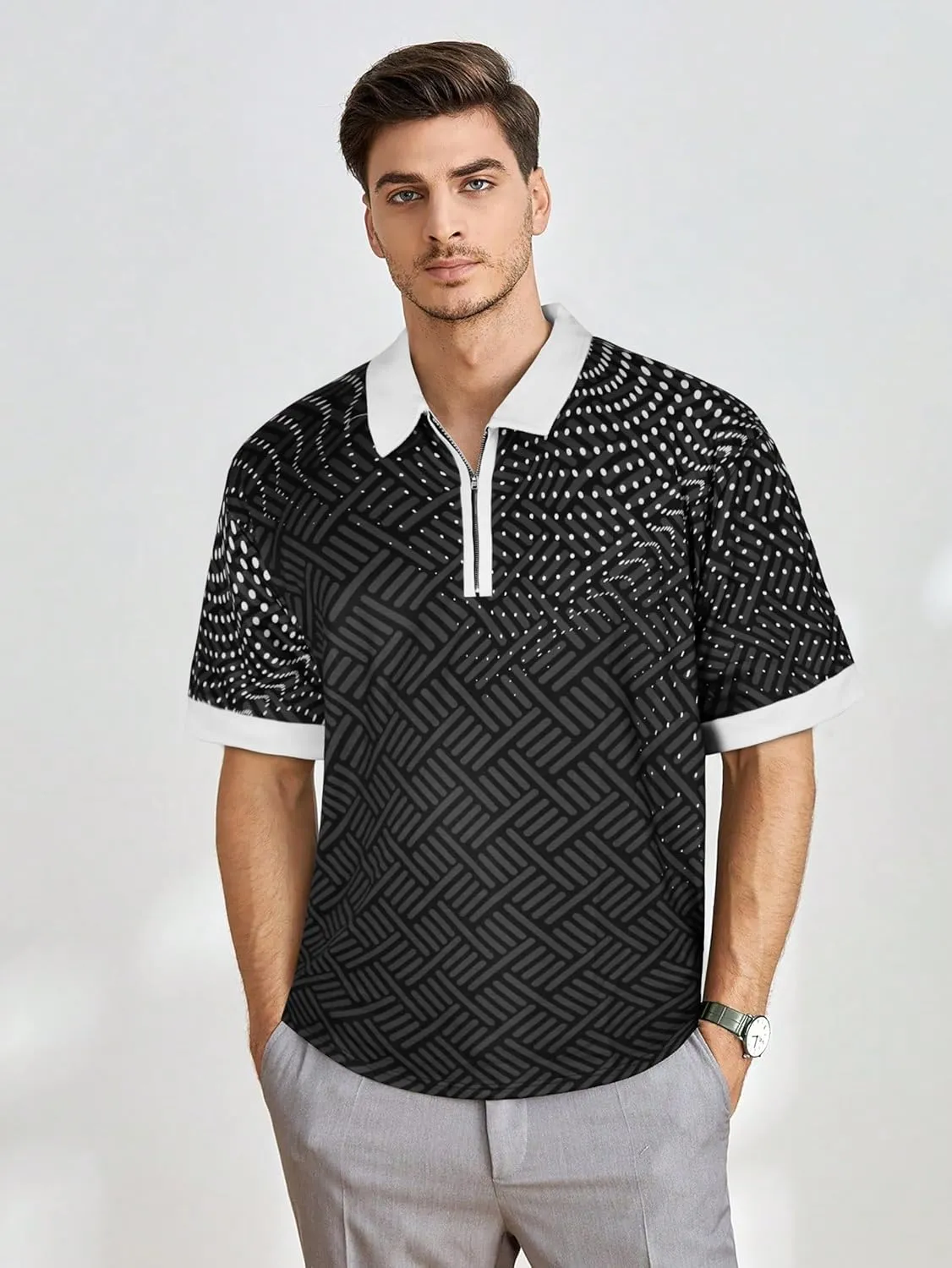 Mens Polo Shirts Short Sleeve Zipper T Shirt Casual Slim Fit Golf Tops