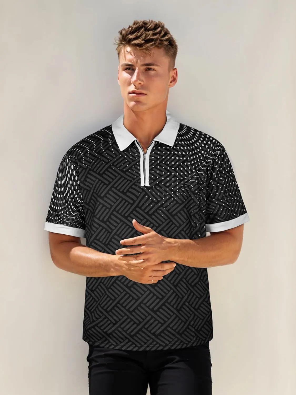 Mens Polo Shirts Short Sleeve Zipper T Shirt Casual Slim Fit Golf Tops